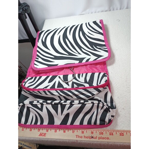 Women’s Hanging Toiletry Travel Bag Zebra Stripe Pink Interior Organizer - Picture 5 of 16